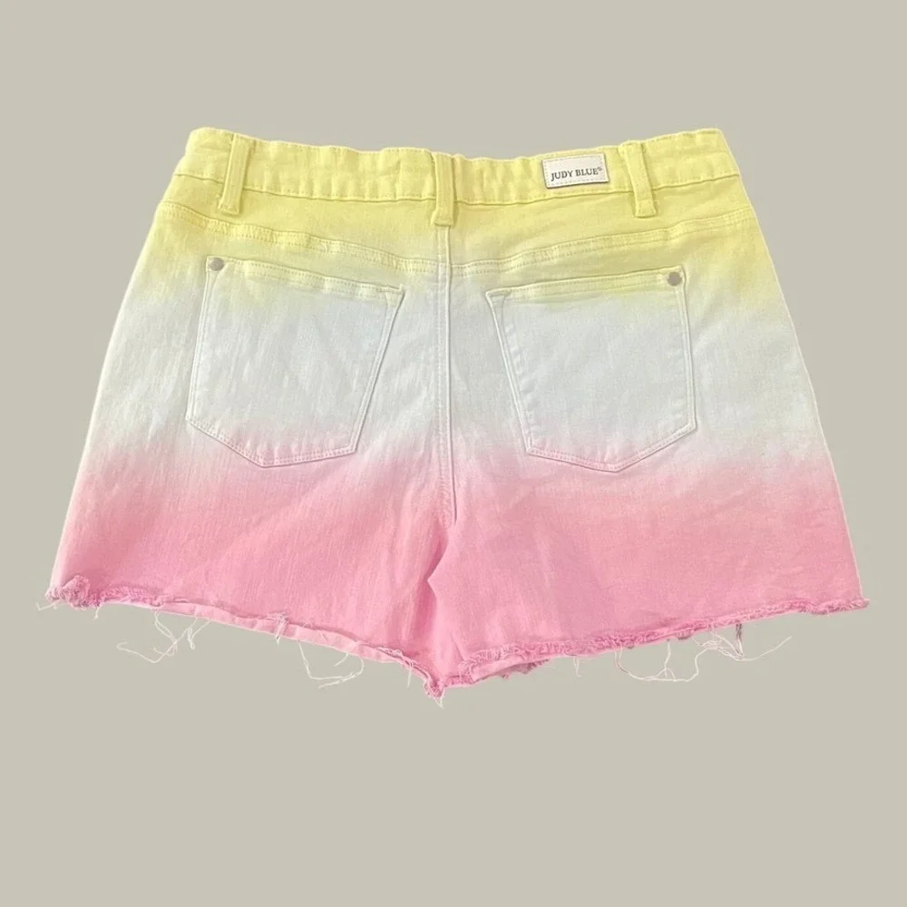 Judy Blue Ombre Denim Shorts Womens M Yellow Pink Dip Dye Frayed Hem Summer